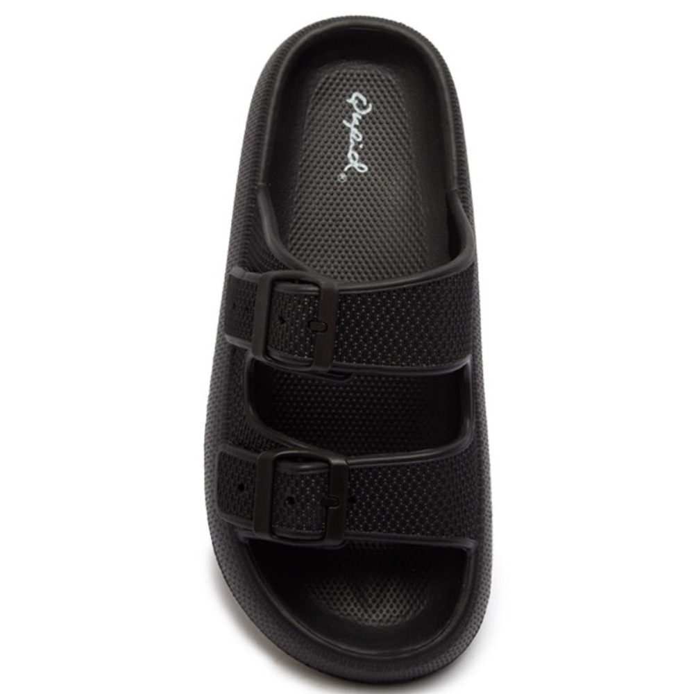 Last One Qupid KEY Women Black Vinyl 2-Band Buckle Platform Padded Slide Sandals - Picture 3 of 5